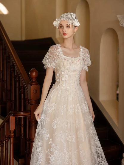Vintage Wedding Dresses A Line Square Short Sleeves With Lace Ankle Length Summer Garden Wedding Dress N4095