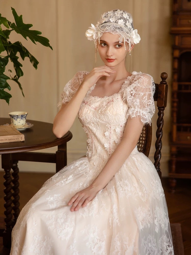 Vintage Wedding Dresses A Line Square Short Sleeves With Lace Ankle Length Summer Garden Wedding Dress N4095