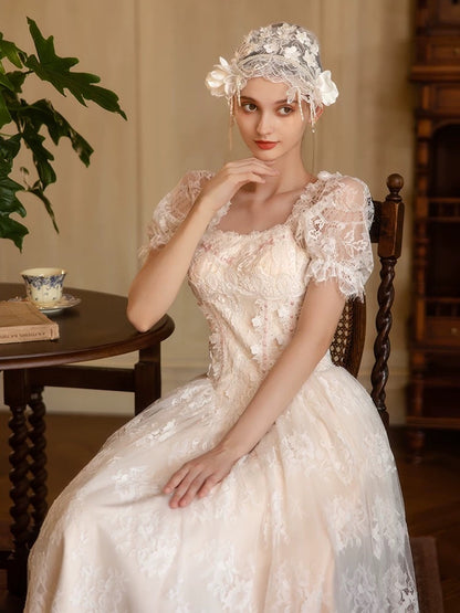 Vintage Wedding Dresses A Line Square Short Sleeves With Lace Ankle Length Summer Garden Wedding Dress N4095