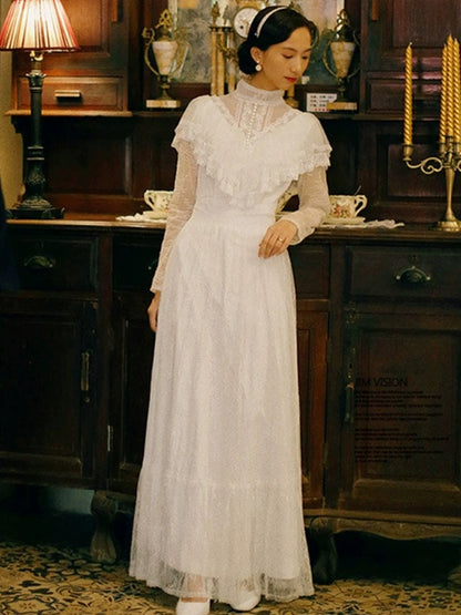 Vintage Wedding Dresses A Line High Neck With Sleeves Lace Floor Length Summer Garden Wedding Dress N4096