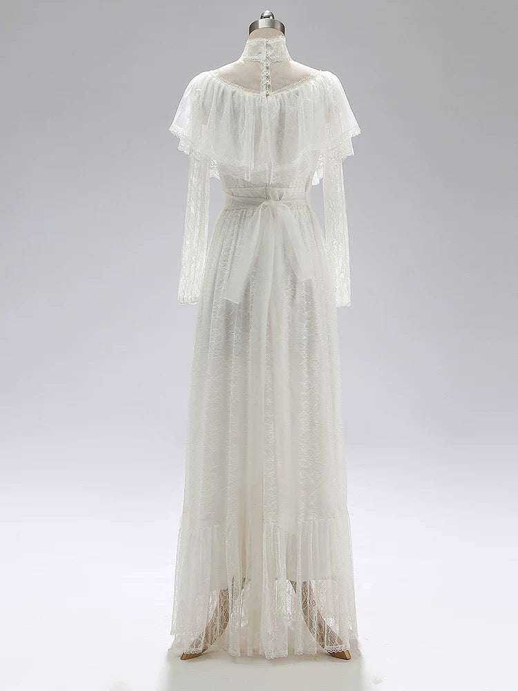 Vintage Wedding Dresses A Line High Neck With Sleeves Lace Floor Length Summer Garden Wedding Dress N4096