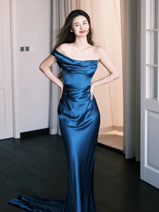 Modest Mermaid One Shoulder Navy Blue Satin Birthday Elegant Outfit Formal Prom Dresses N4097