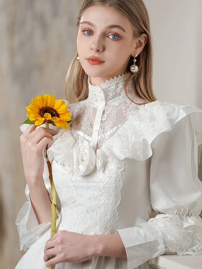 Vintage Wedding Dresses A Line High Neck With Sleeves Lace Floor Length Summer Garden Wedding Dress N4098