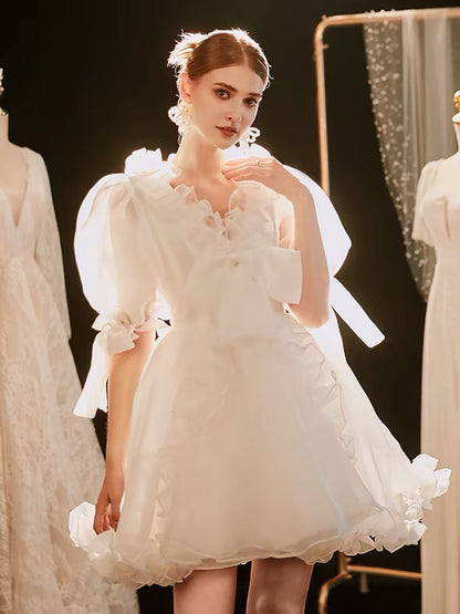 Princess Wedding Dresses Ball Gown V Neck With Sleeves Short Mini Summer Garden Wedding Dress N4099