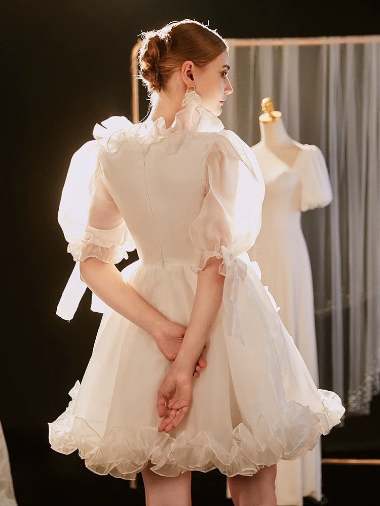 Princess Wedding Dresses Ball Gown V Neck With Sleeves Short Mini Summer Garden Wedding Dress N4099