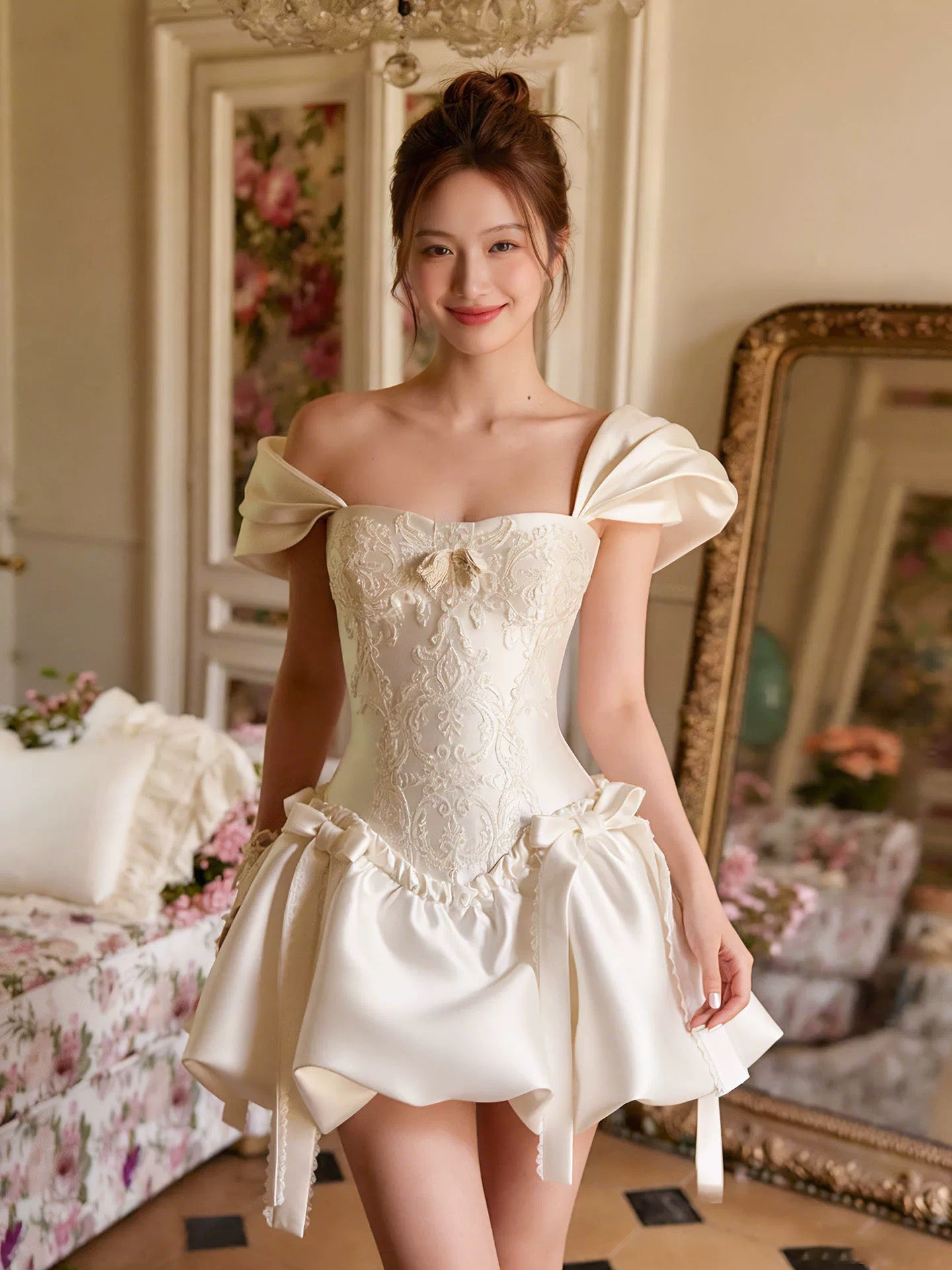 Princess Wedding Dresses Ball Gown Square Neck With Sleeves Short Mini Summer Garden Wedding Dress N4101