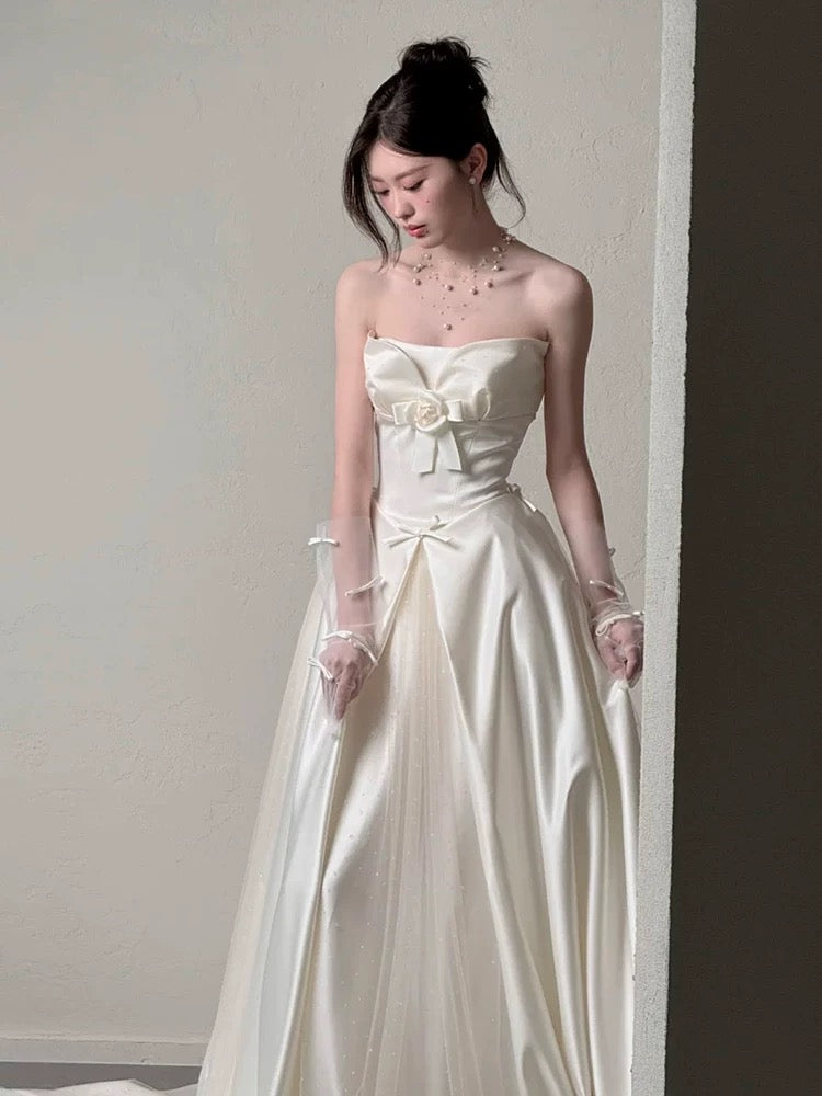 Simple Wedding Dresses A line Strapless Summer Garden Satin Tulle Long Wedding Dress N4123