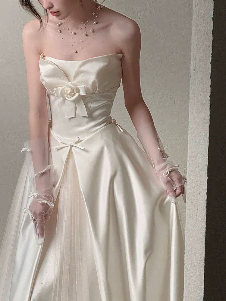 Simple Wedding Dresses A line Strapless Summer Garden Satin Tulle Long Wedding Dress N4123
