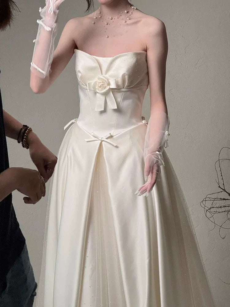 Simple Wedding Dresses A line Strapless Summer Garden Satin Tulle Long Wedding Dress N4123