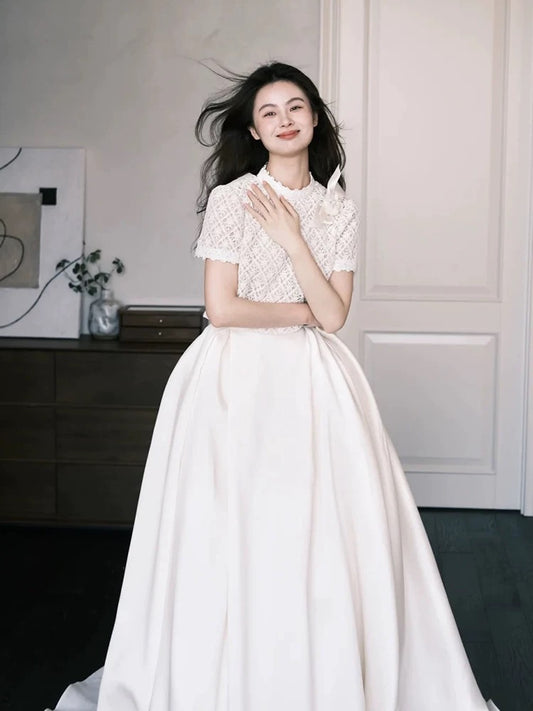 Simple Wedding Dresses 2 Pieces White Lace Summer Garden Long Wedding Dress N4124