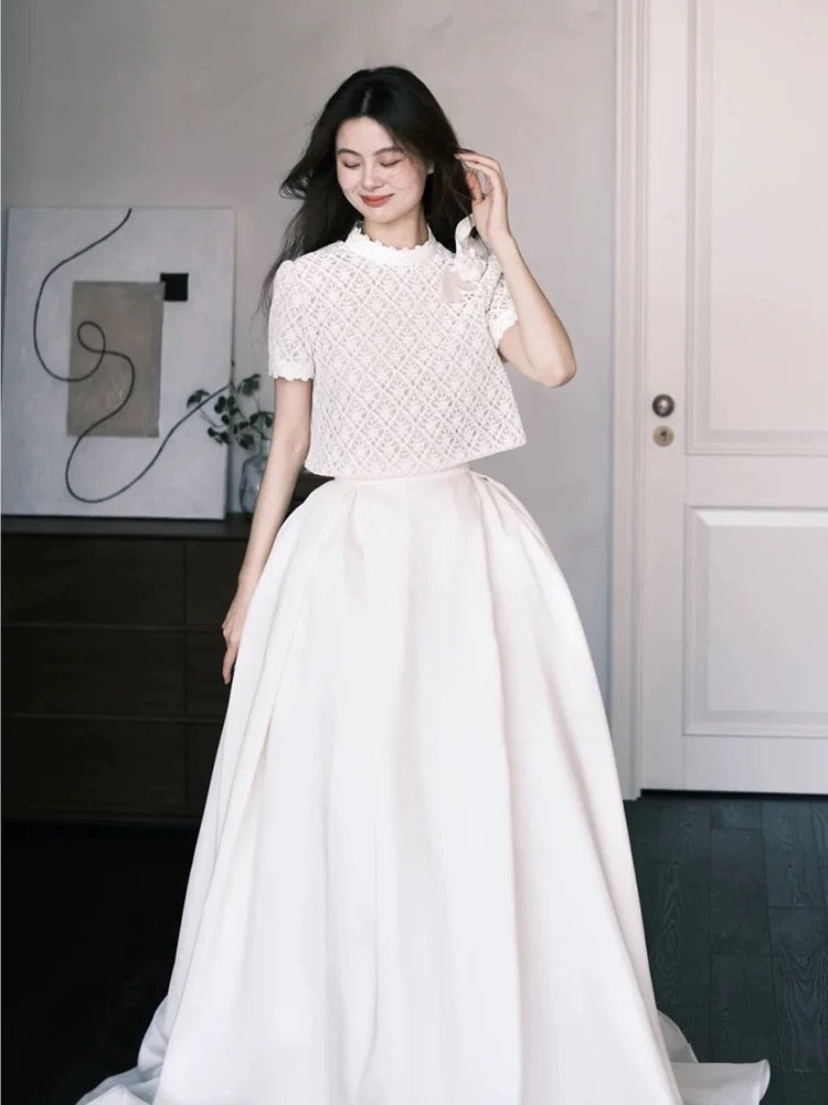 Simple Wedding Dresses 2 Pieces White Lace Summer Garden Long Wedding Dress N4124
