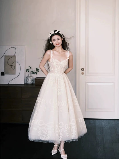 Simple Wedding Dresses Ball Gown Sweetheart Lace White Ankle Length Summer Garden Wedding Dress N4125