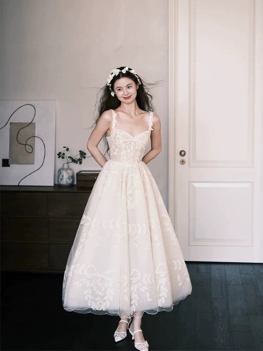 Simple Wedding Dresses Ball Gown Sweetheart Lace White Ankle Length Summer Garden Wedding Dress N4125