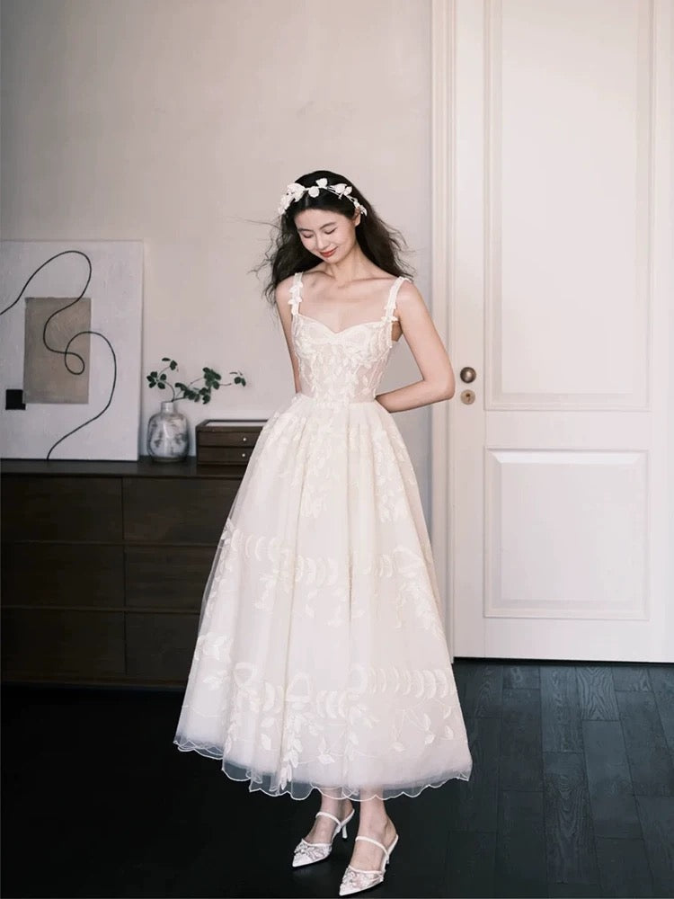 Simple Wedding Dresses Ball Gown Sweetheart Lace White Ankle Length Summer Garden Wedding Dress N4125
