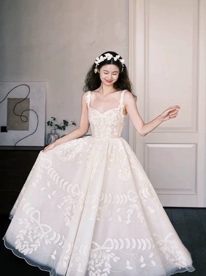 Simple Wedding Dresses Ball Gown Sweetheart Lace White Ankle Length Summer Garden Wedding Dress N4125