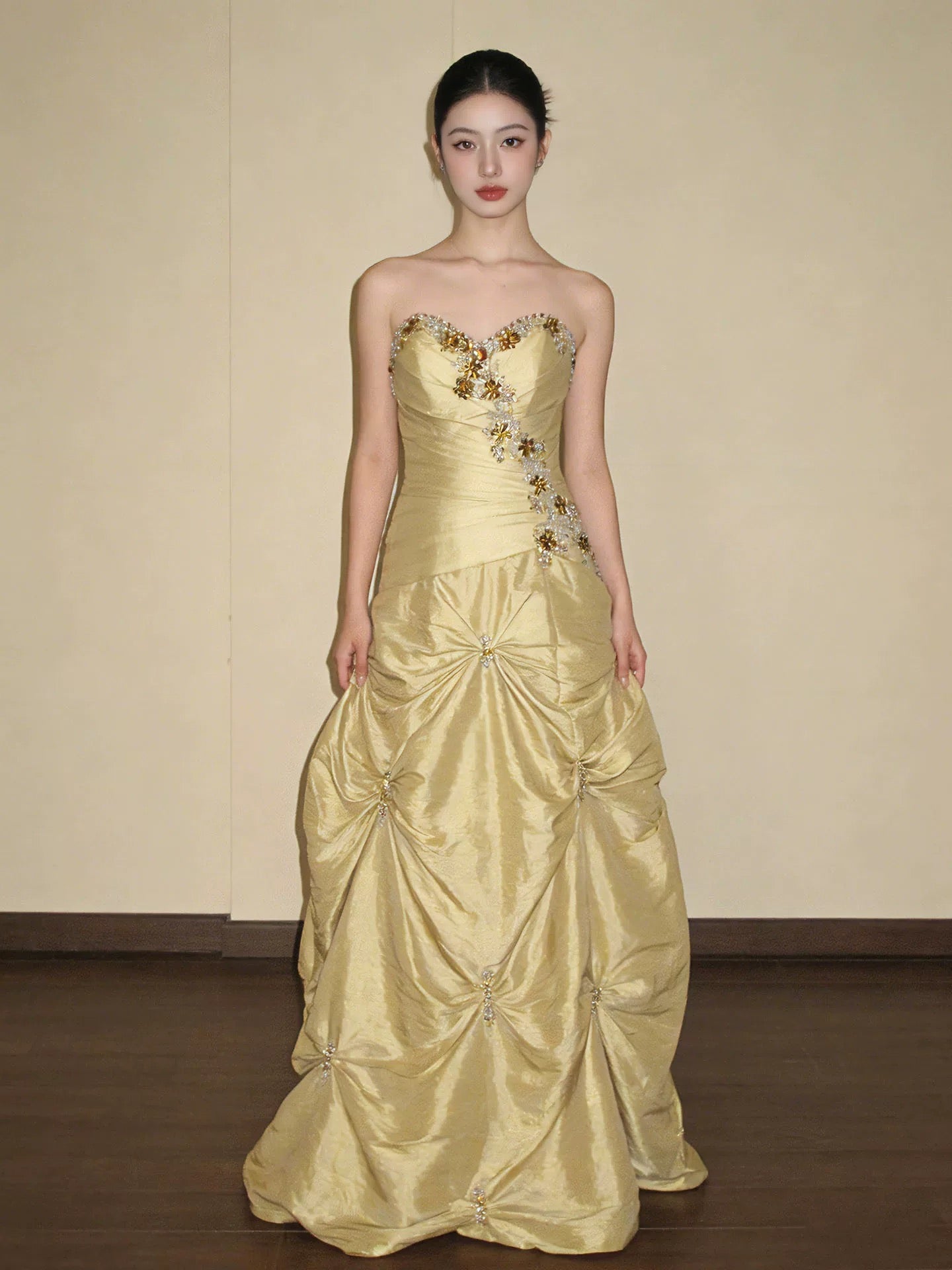Robe de bal modeste, bustier, en satin jaune, pour anniversaire, avec perles élégantes, tenue de soirée de bal N4127