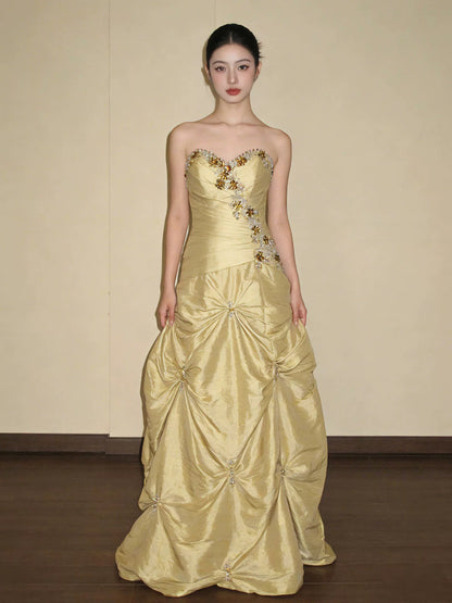 Robe de bal modeste, bustier, en satin jaune, pour anniversaire, avec perles élégantes, tenue de soirée de bal N4127