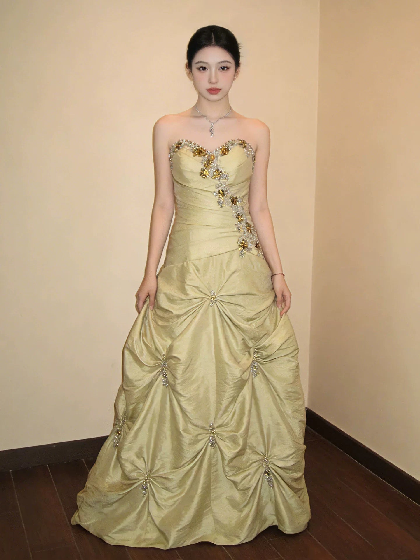 Robe de bal modeste, bustier, en satin jaune, pour anniversaire, avec perles élégantes, tenue de soirée de bal N4127