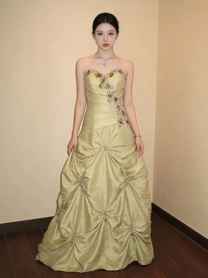 Robe de bal modeste, bustier, en satin jaune, pour anniversaire, avec perles élégantes, tenue de soirée de bal N4127