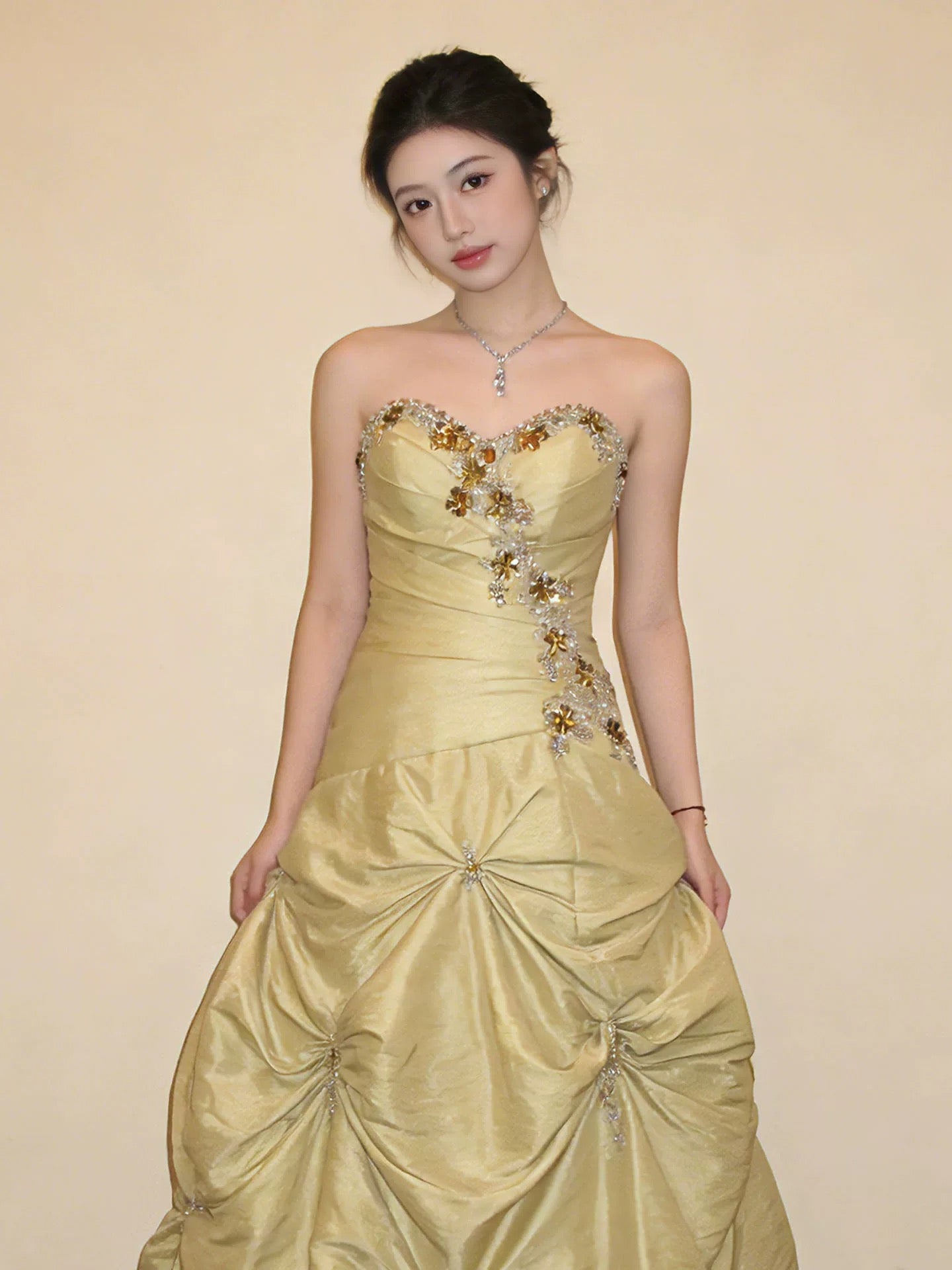 Robe de bal modeste, bustier, en satin jaune, pour anniversaire, avec perles élégantes, tenue de soirée de bal N4127