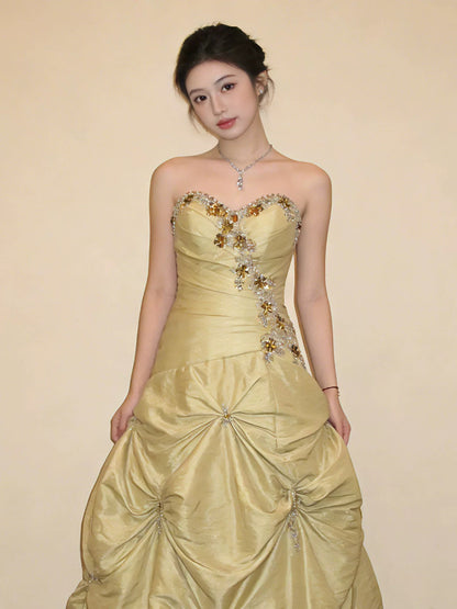 Robe de bal modeste, bustier, en satin jaune, pour anniversaire, avec perles élégantes, tenue de soirée de bal N4127