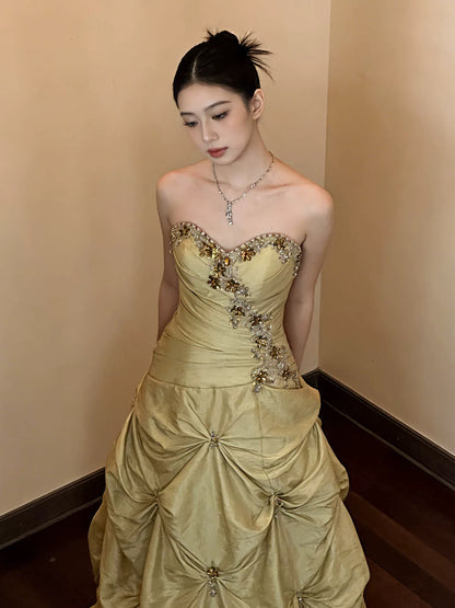 Robe de bal modeste, bustier, en satin jaune, pour anniversaire, avec perles élégantes, tenue de soirée de bal N4127