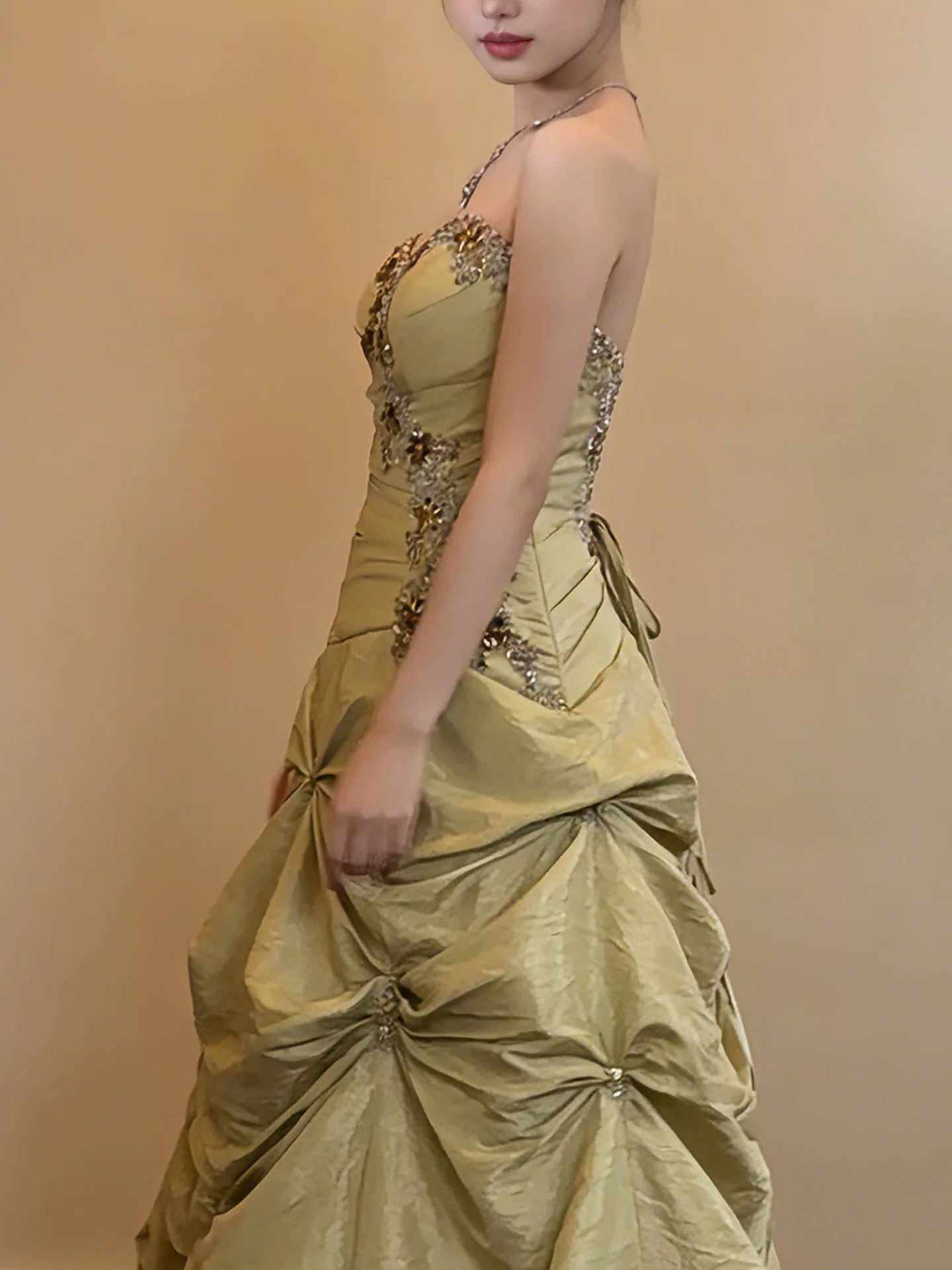 Robe de bal modeste, bustier, en satin jaune, pour anniversaire, avec perles élégantes, tenue de soirée de bal N4127