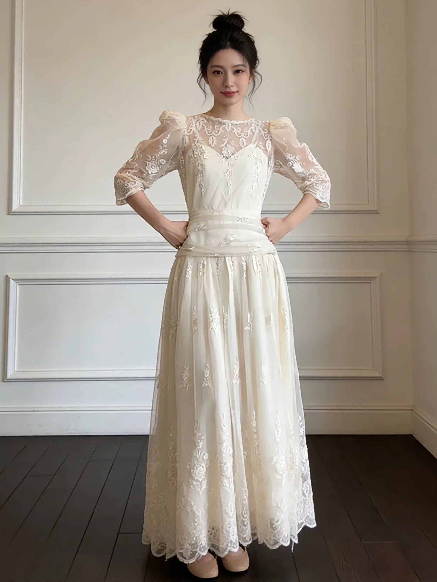 Simple Wedding Dresses A Line Scoop White Lace Summer Garden Long Wedding Dress N4128