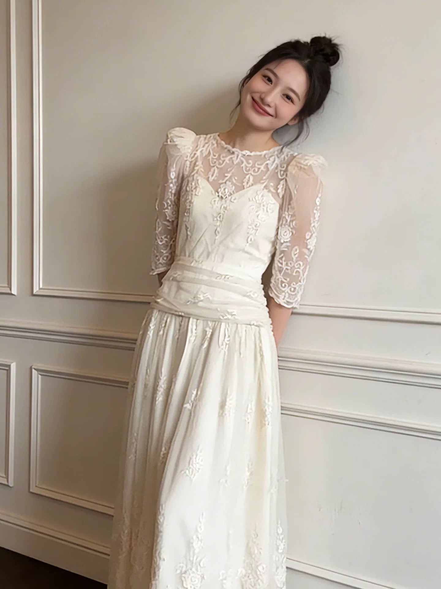Simple Wedding Dresses A Line Scoop White Lace Summer Garden Long Wedding Dress N4128