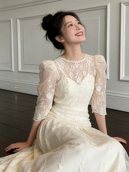 Simple Wedding Dresses A Line Scoop White Lace Summer Garden Long Wedding Dress N4128