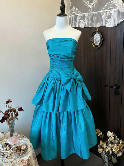 Ballkleid Trägerlos Blau Satin Geburtstag Mit Perlen Elegant Outfit Formelle Abschlussballkleider N4414