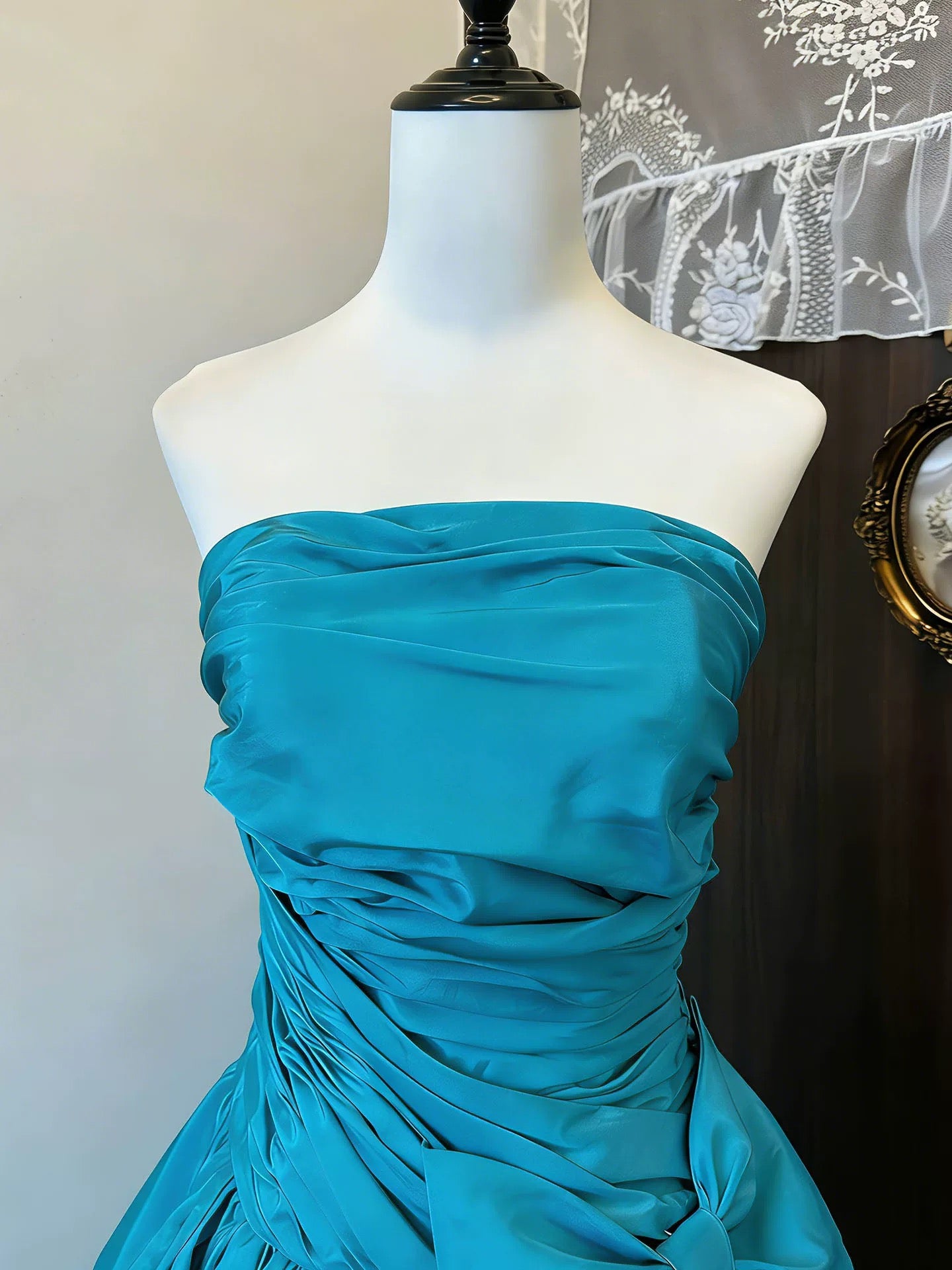 Ballkleid Trägerlos Blau Satin Geburtstag Mit Perlen Elegant Outfit Formelle Abschlussballkleider N4414