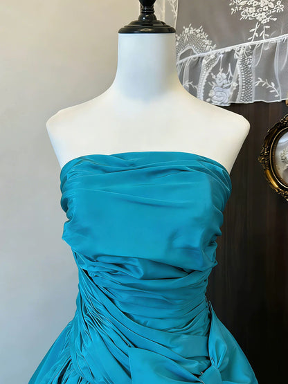 Ballkleid Trägerlos Blau Satin Geburtstag Mit Perlen Elegant Outfit Formelle Abschlussballkleider N4414