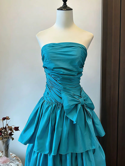 Ballkleid Trägerlos Blau Satin Geburtstag Mit Perlen Elegant Outfit Formelle Abschlussballkleider N4414