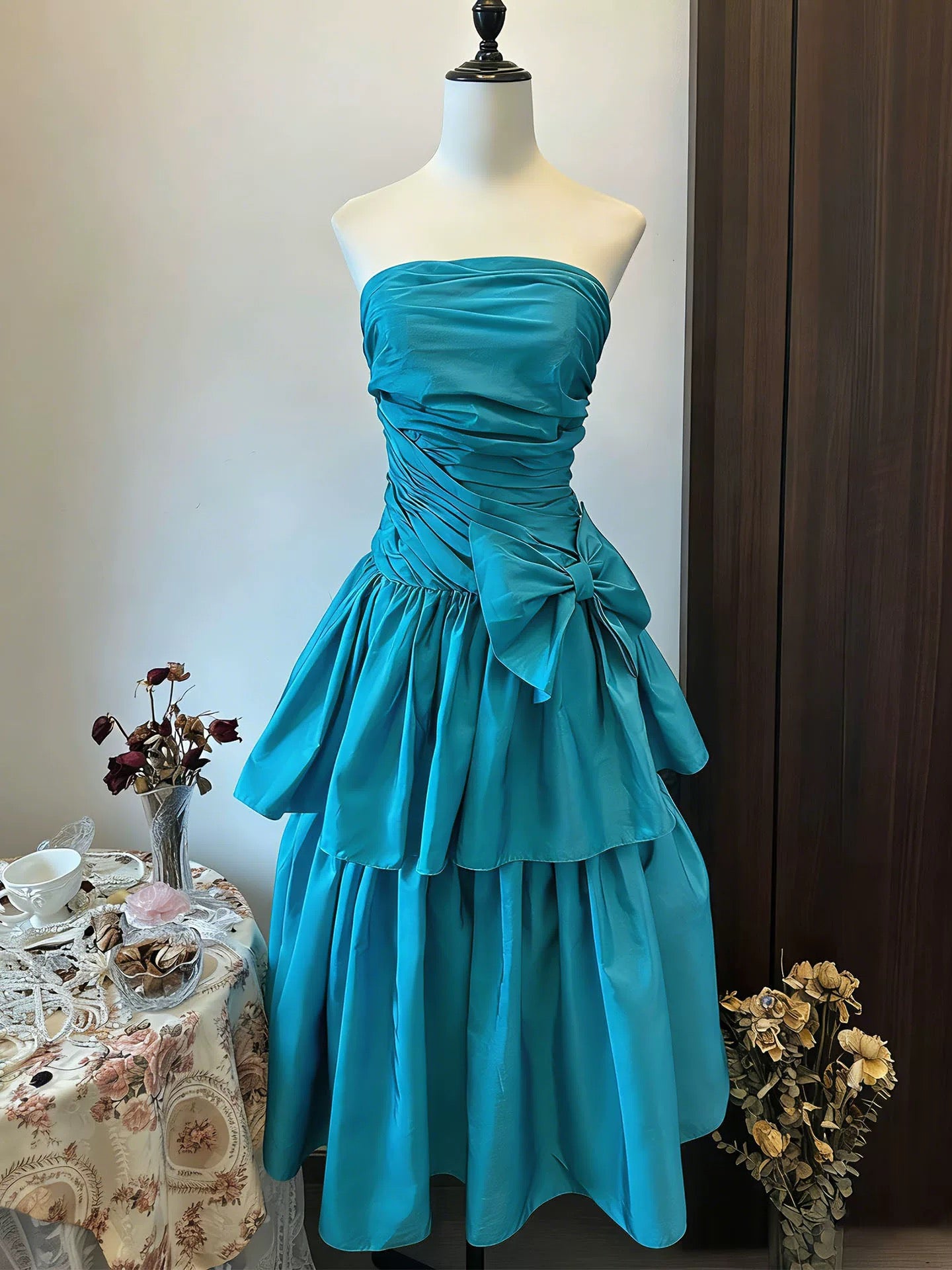 Ballkleid Trägerlos Blau Satin Geburtstag Mit Perlen Elegant Outfit Formelle Abschlussballkleider N4414