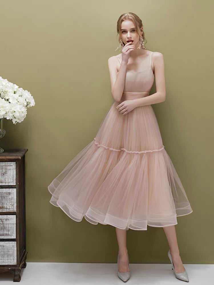 Elegant A line Spaghetti Strap Pink Green Tea Length Bridesmaid Dresses Formal Evening Gowns N4130