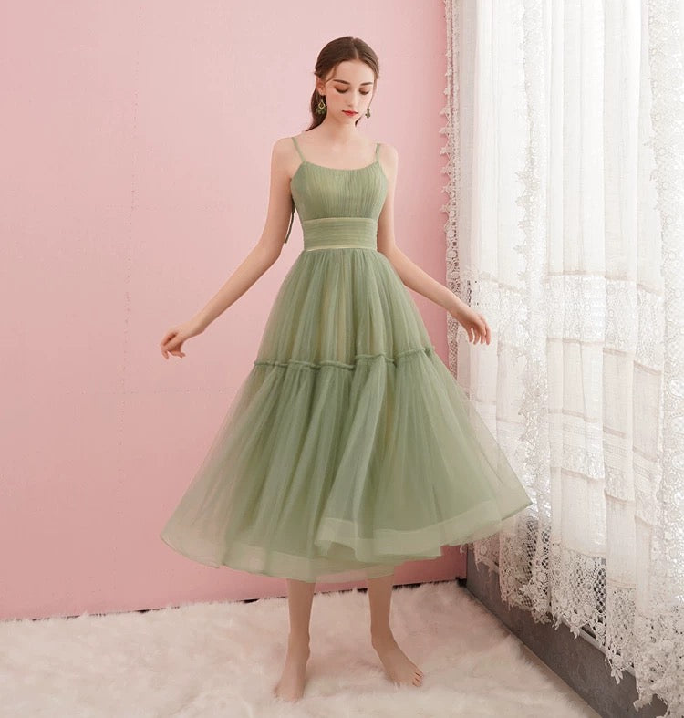Elegant A line Spaghetti Strap Pink Green Tea Length Bridesmaid Dresses Formal Evening Gowns N4130