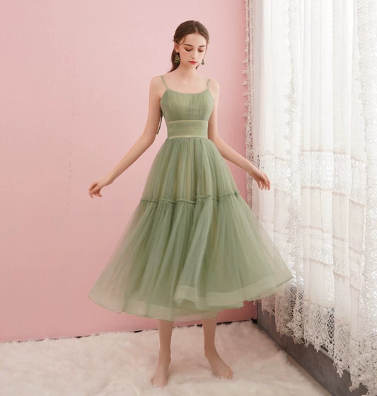 Elegant A line Spaghetti Strap Pink Green Tea Length Bridesmaid Dresses Formal Evening Gowns N4130