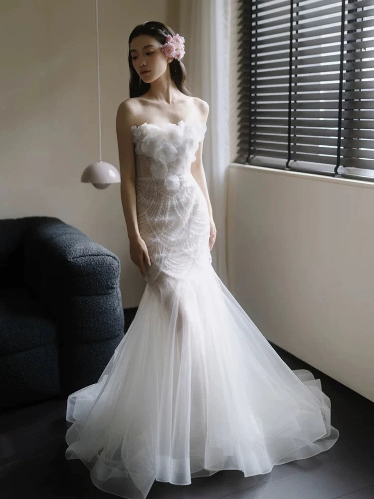 Vintage Wedding Dresses Mermaid Sweetheart Tulle Long Summer Garden Wedding Dress N4135