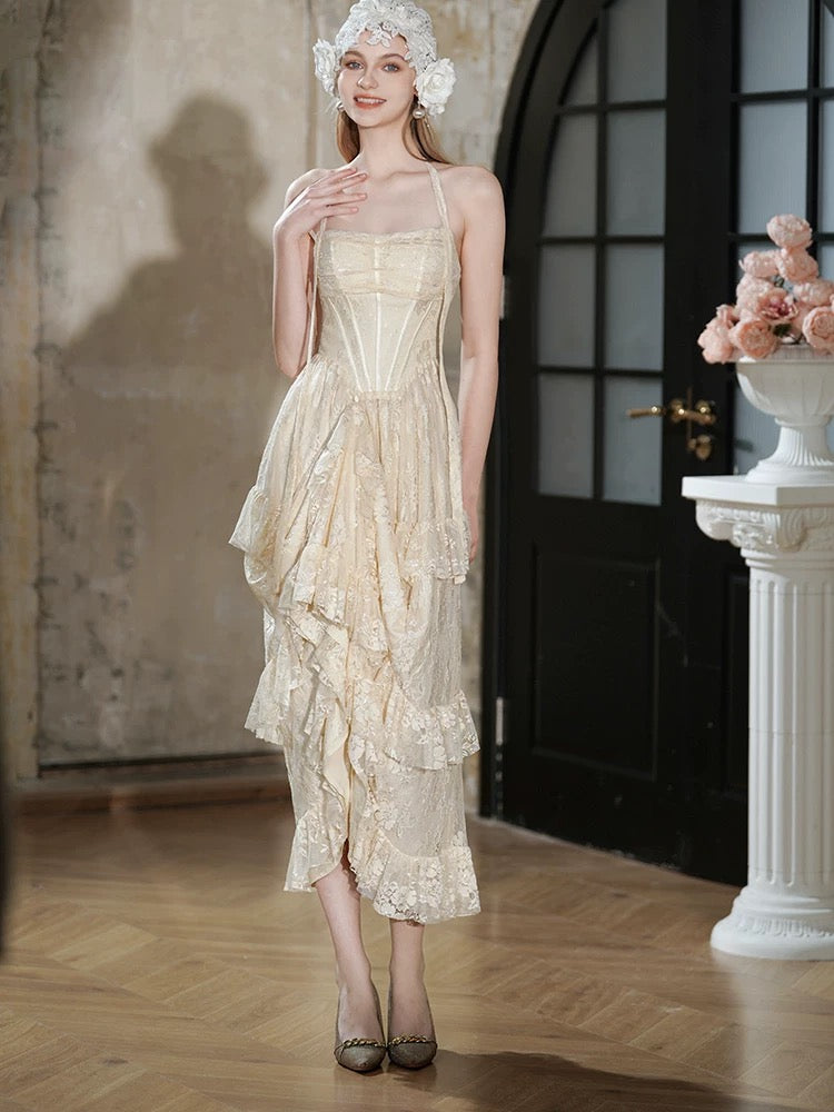French Style Wedding Dresses A line Halter Champagne Lace Summer Garden Wedding Dress N4136