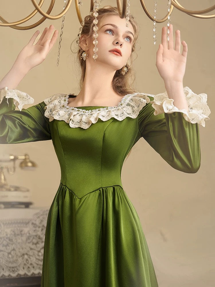 Charming A line Square Neck Green With Sleeves Summer 19th Birthday Elegant Outfit Wedding Guest Dresses N4137