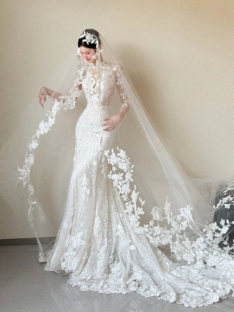 Romantic Wedding Dresses Mermaid V Neck Long Sleeves Lace Summer Wedding Dress N4265