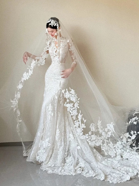 Romantic Wedding Dresses Mermaid V Neck Long Sleeves Lace Summer Wedding Dress N4265
