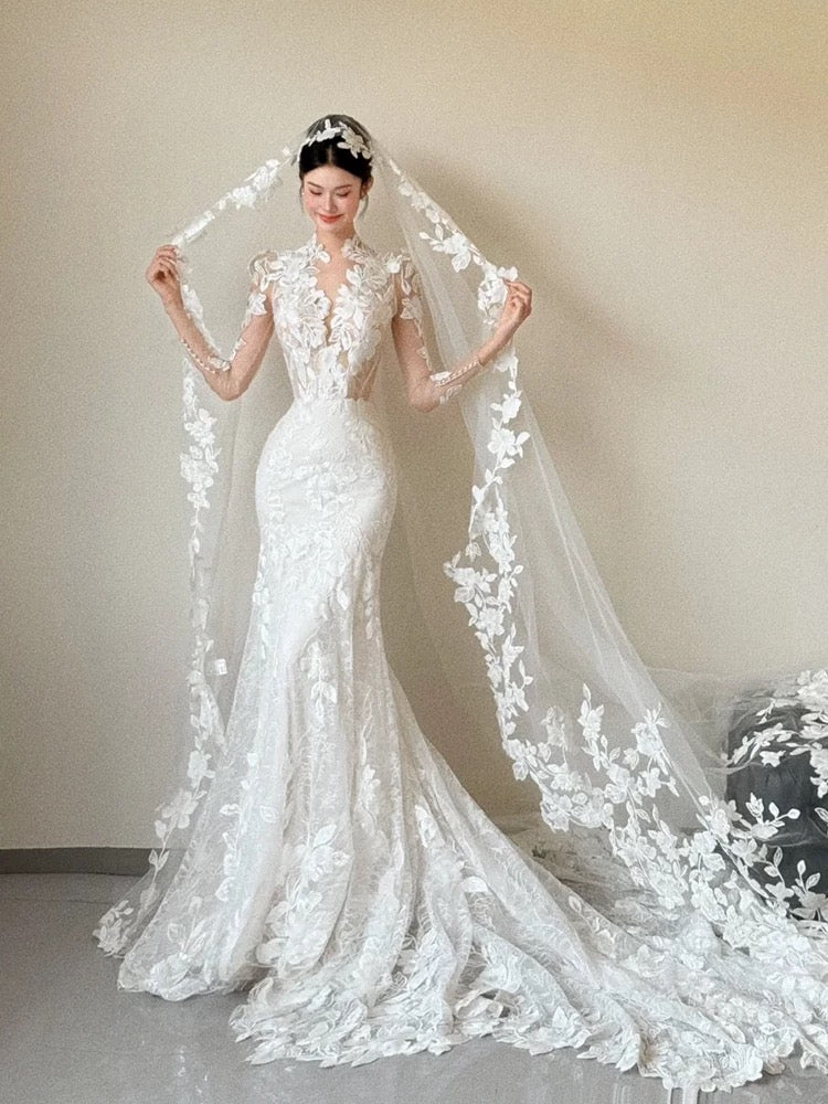 Romantic Wedding Dresses Mermaid V Neck Long Sleeves Lace Summer Wedding Dress N4265