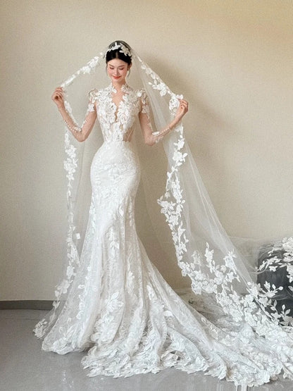 Romantic Wedding Dresses Mermaid V Neck Long Sleeves Lace Summer Wedding Dress N4265