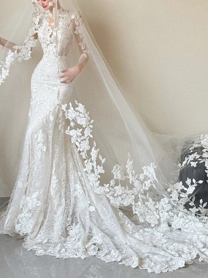 Romantic Wedding Dresses Mermaid V Neck Long Sleeves Lace Summer Wedding Dress N4265