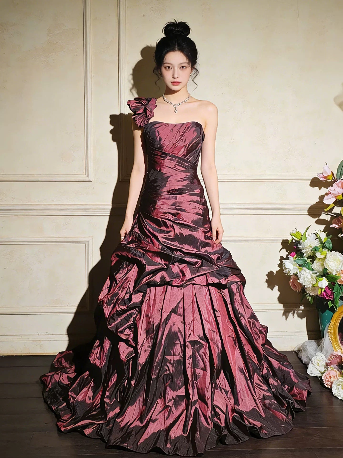 Princess Prom Dresses Ball Gowns One Shoulder Burgundy Taffeta Evening Long Formal Dress N4267