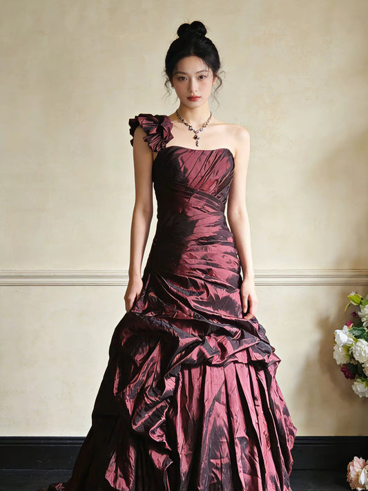 Princess Prom Dresses Ball Gowns One Shoulder Burgundy Taffeta Evening Long Formal Dress N4267