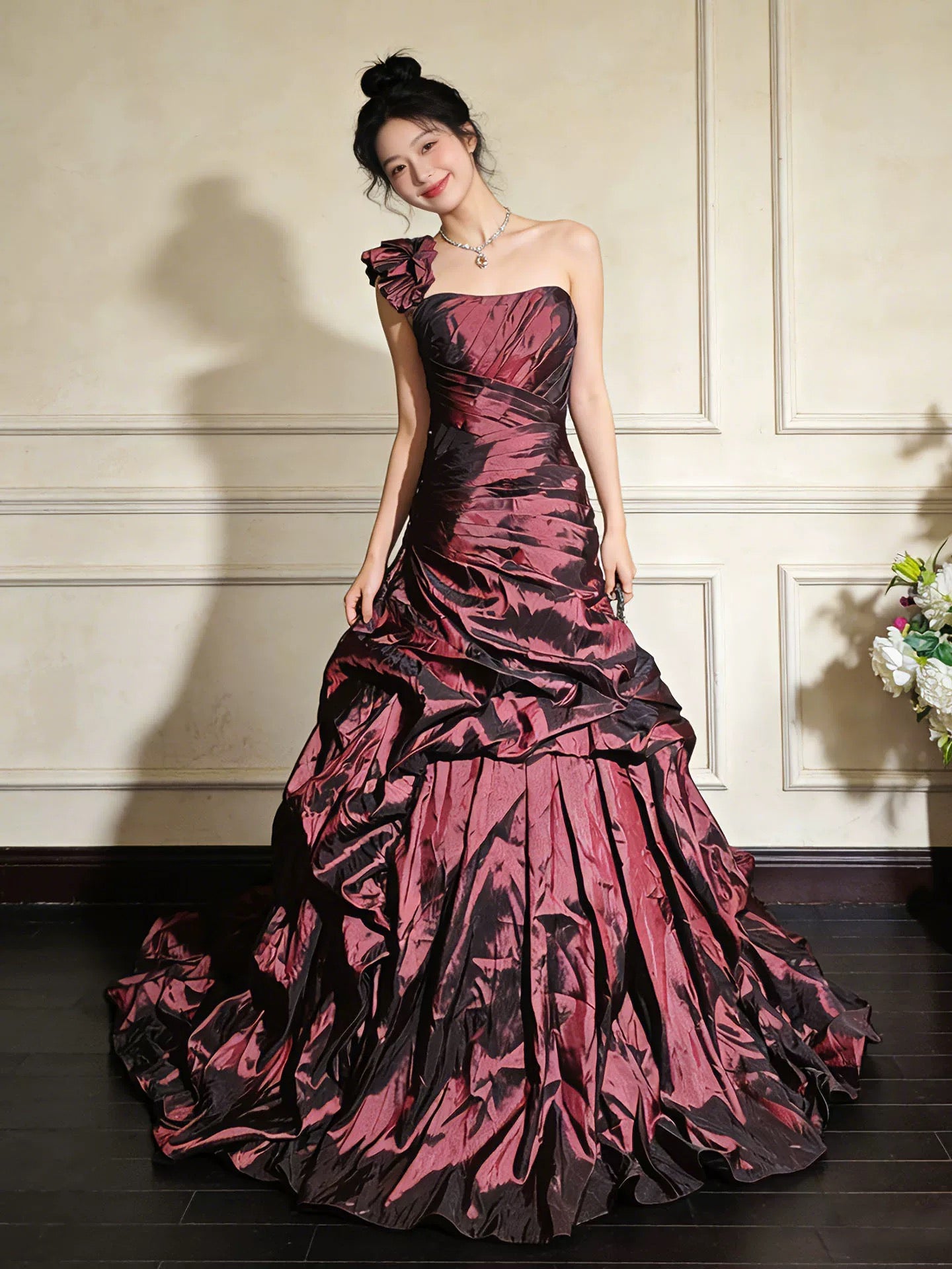 Princess Prom Dresses Ball Gowns One Shoulder Burgundy Taffeta Evening Long Formal Dress N4267