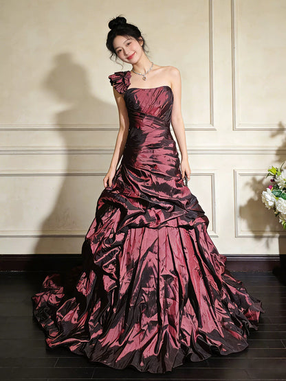 Princess Prom Dresses Ball Gowns One Shoulder Burgundy Taffeta Evening Long Formal Dress N4267